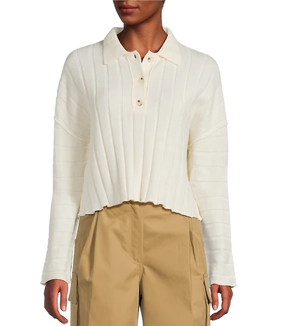 Mod Ref Button Front Long Sleeve Collared Sweater