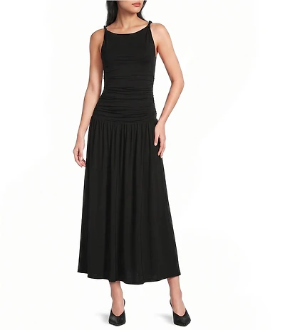 Mod Ref Jersey Boat Neck Twisted Sleeveless Straps Ruched Drop Waist Maxi Dress
