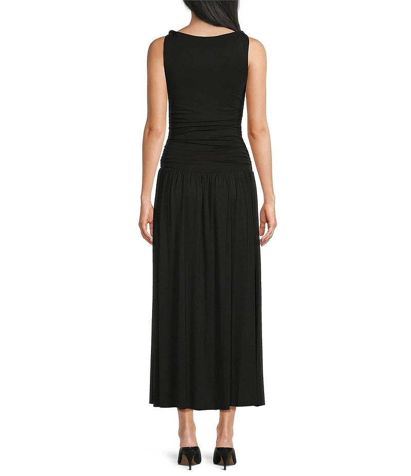 Mod Ref Jersey Boat Neck Twisted Sleeveless Straps Ruched Drop Waist Maxi Dress