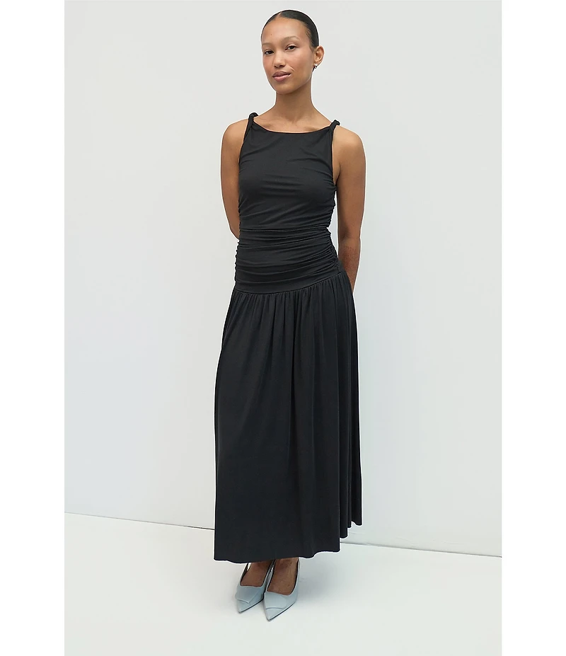 Mod Ref Jersey Boat Neck Twisted Sleeveless Straps Ruched Drop Waist Maxi Dress
