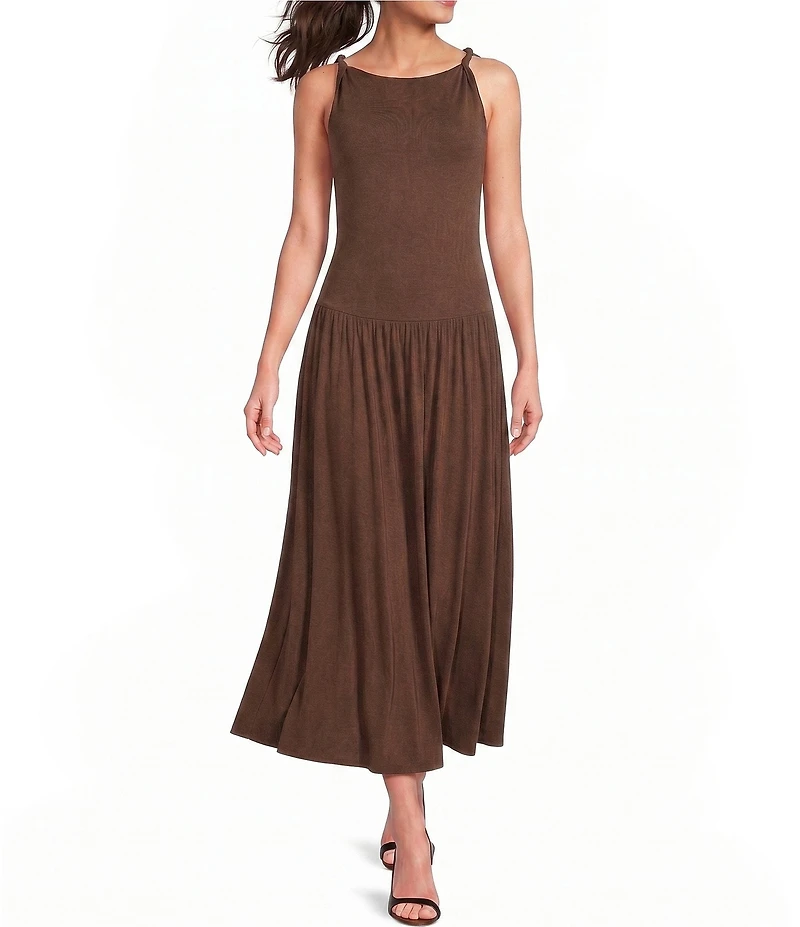 Mod Ref Jersey Boat Neck Twisted Sleeveless Straps Ruched Drop Waist Maxi Dress