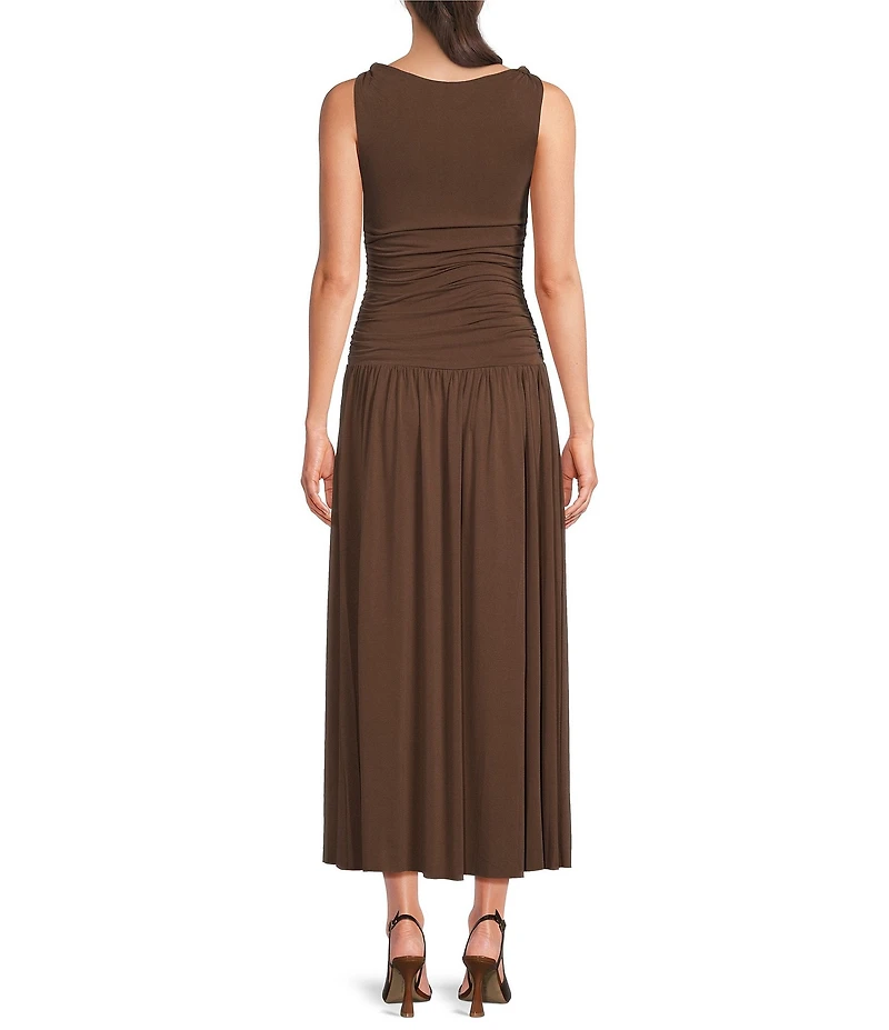 Mod Ref Jersey Boat Neck Twisted Sleeveless Straps Ruched Drop Waist Maxi Dress