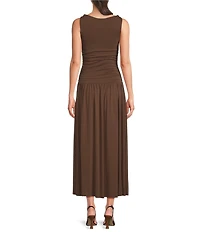 Mod Ref Jersey Boat Neck Twisted Sleeveless Straps Ruched Drop Waist Maxi Dress