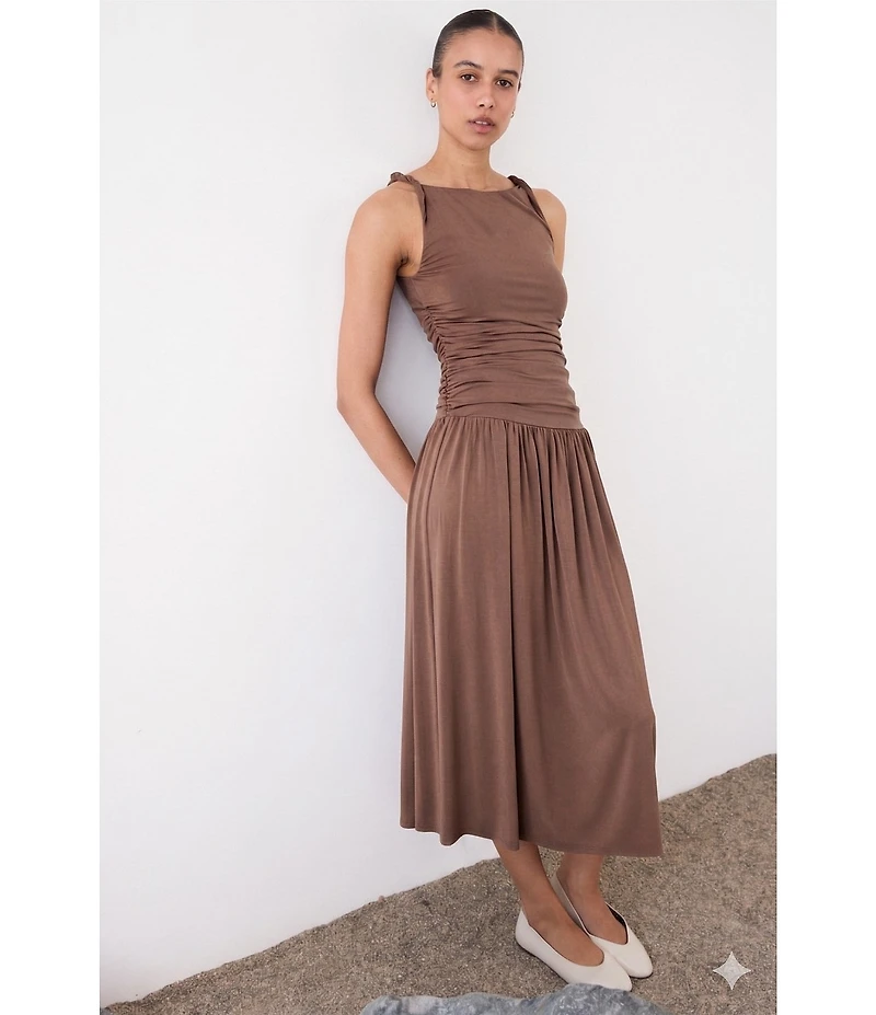 Mod Ref Jersey Boat Neck Twisted Sleeveless Straps Ruched Drop Waist Maxi Dress