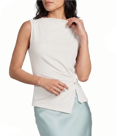 Mod Ref Knit High Cowl Neck Sleeveless Cinched Knot Top
