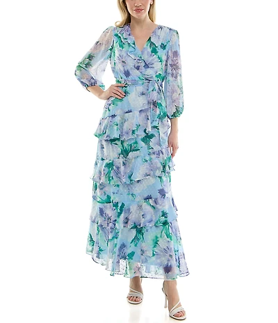 Moda Tara 3/4 Sleeve Floral Print Chiffon Faux Wrap Maxi Dress