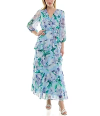 Moda Tara 3/4 Sleeve Floral Print Chiffon Faux Wrap Maxi Dress