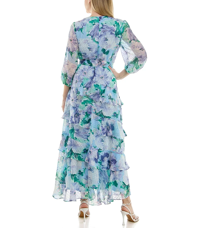 Moda Tara 3/4 Sleeve Floral Print Chiffon Faux Wrap Maxi Dress
