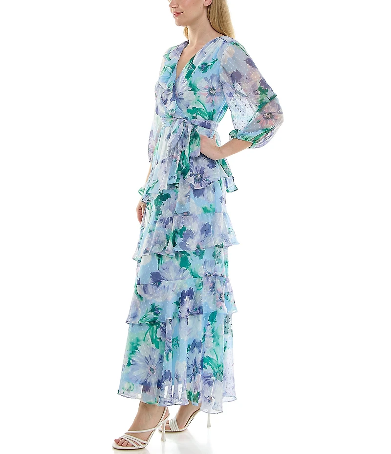 Moda Tara 3/4 Sleeve Floral Print Chiffon Faux Wrap Maxi Dress