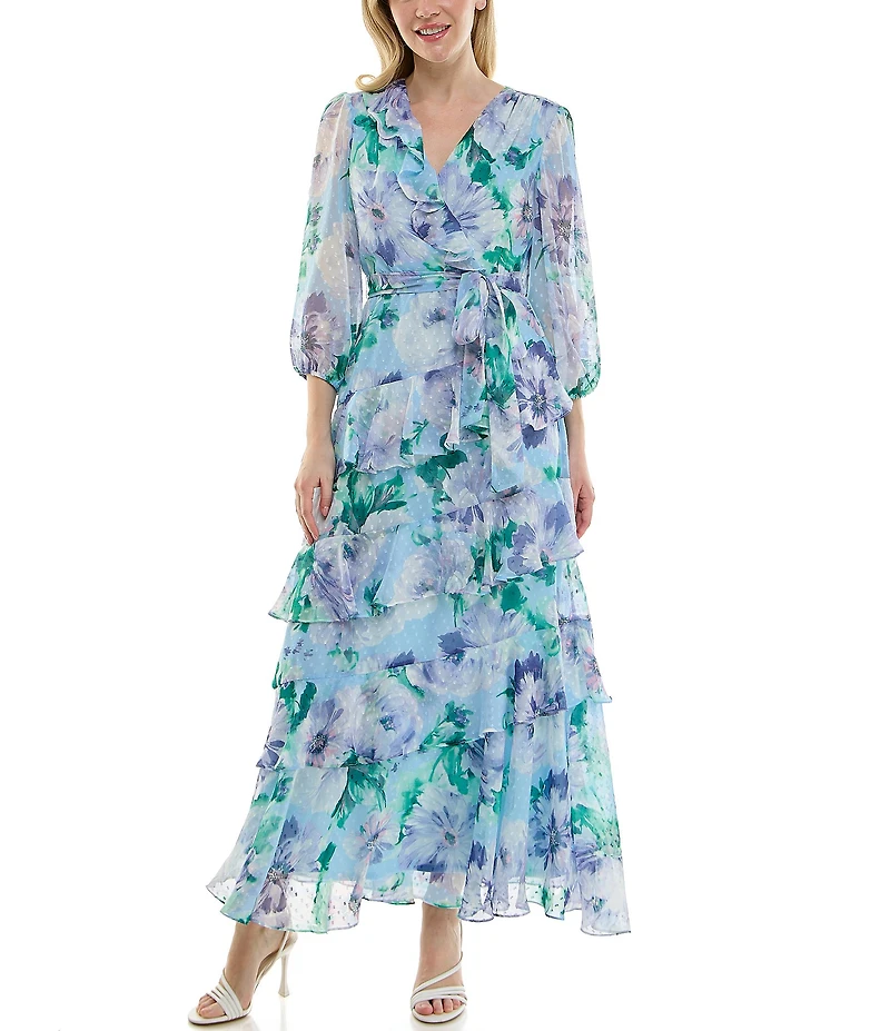 Moda Tara 3/4 Sleeve Floral Print Chiffon Faux Wrap Maxi Dress