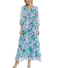 Moda Tara 3/4 Sleeve Floral Print Chiffon Faux Wrap Maxi Dress
