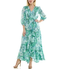 Moda Tara 3/4 Sleeve V-Neck Floral Print Chiffon Wrap Maxi Dress