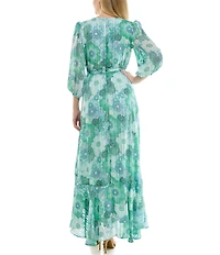 Moda Tara 3/4 Sleeve V-Neck Floral Print Chiffon Wrap Maxi Dress