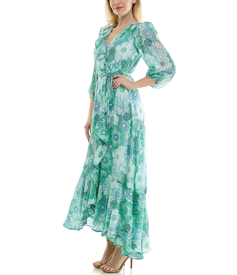 Moda Tara 3/4 Sleeve V-Neck Floral Print Chiffon Wrap Maxi Dress