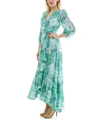 Moda Tara 3/4 Sleeve V-Neck Floral Print Chiffon Wrap Maxi Dress