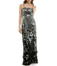 Moda Tara 3D Floral Embroidered Sequin Mesh Square Neck Sleeveless Gown