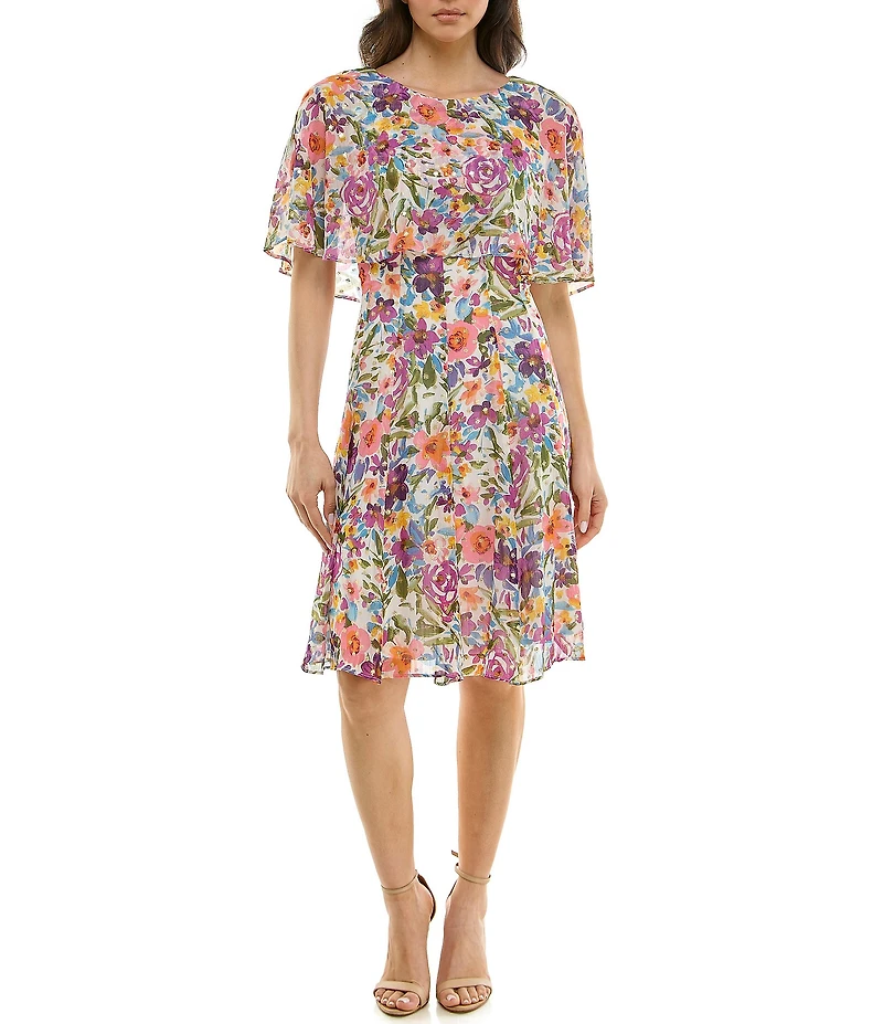 Moda Tara Boat Neck Gold Foil Floral Print Midi Dress