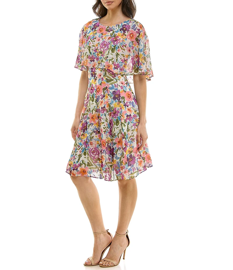 Moda Tara Boat Neck Gold Foil Floral Print Midi Dress