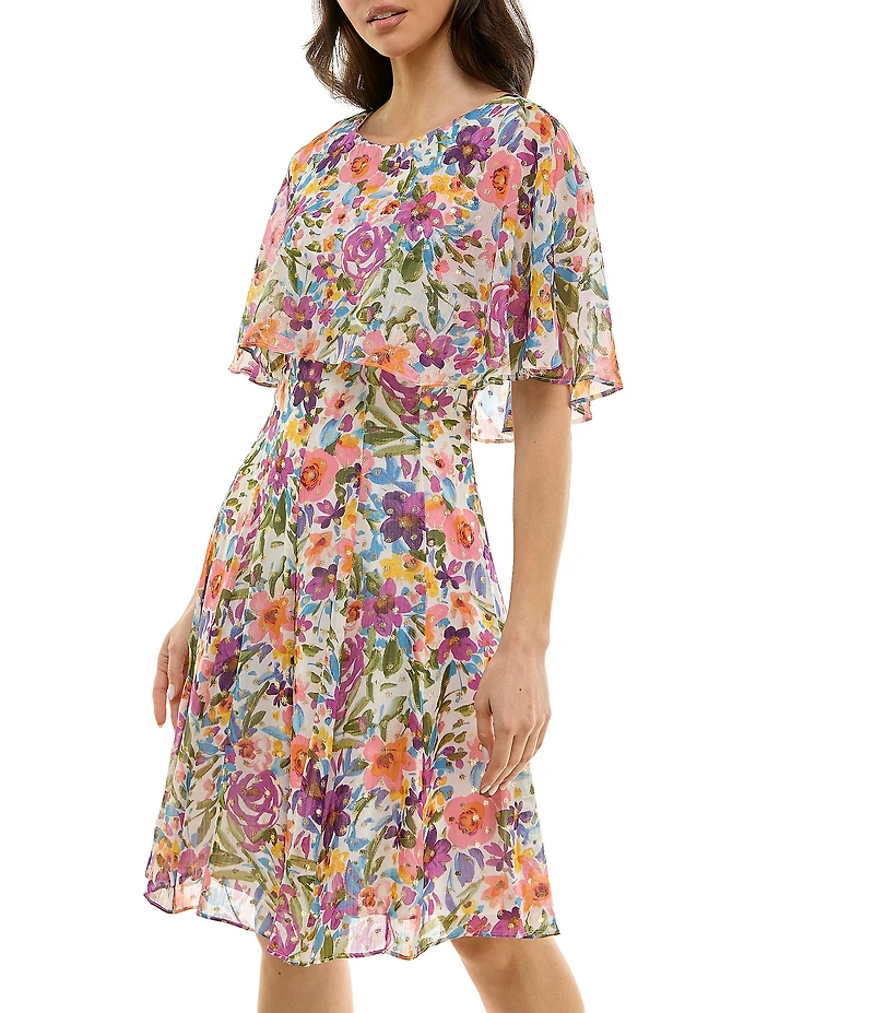 Moda Tara Boat Neck Gold Foil Floral Print Midi Dress