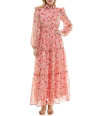 Moda Tara Button Front Floral Print Chiffon Maxi Dress