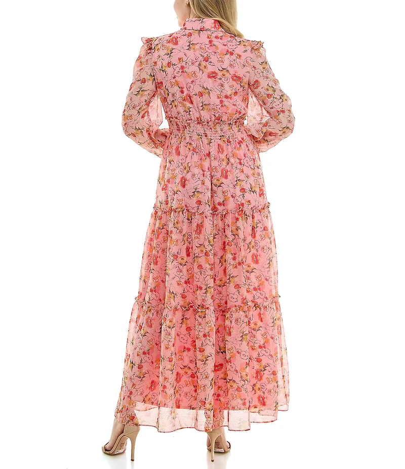 Moda Tara Button Front Floral Print Chiffon Maxi Dress