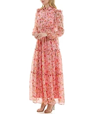 Moda Tara Button Front Floral Print Chiffon Maxi Dress