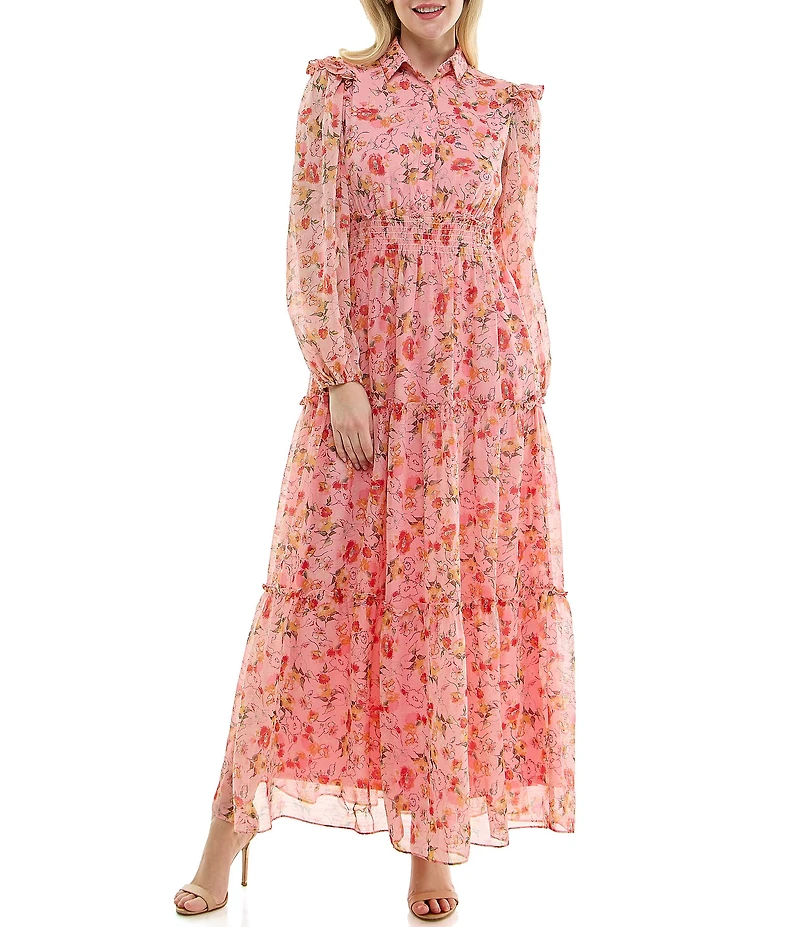 Moda Tara Button Front Floral Print Chiffon Maxi Dress
