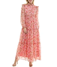 Moda Tara Button Front Floral Print Chiffon Maxi Dress