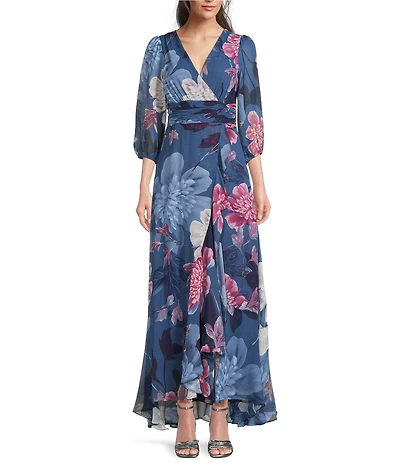 Moda Tara Chiffon 3/4 Sleeve Ruffle Floral Print V-Neck Wrap Maxi Dress