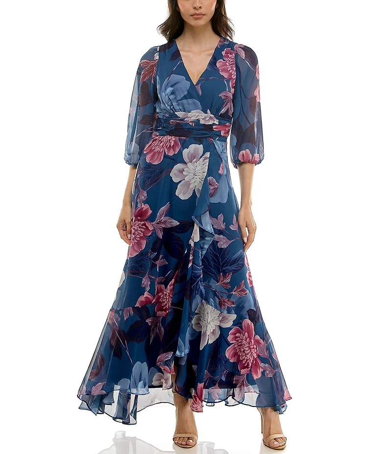 Moda Tara Chiffon 3/4 Sleeve Ruffle Floral Print V-Neck Wrap Maxi Dress