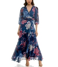 Moda Tara Chiffon 3/4 Sleeve Ruffle Floral Print V-Neck Wrap Maxi Dress