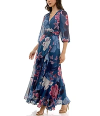 Moda Tara Chiffon 3/4 Sleeve Ruffle Floral Print V-Neck Wrap Maxi Dress