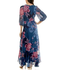 Moda Tara Chiffon 3/4 Sleeve Ruffle Floral Print V-Neck Wrap Maxi Dress