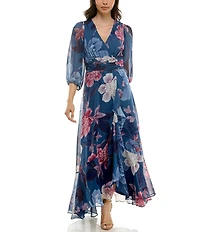 Moda Tara Chiffon 3/4 Sleeve Ruffle Floral Print V-Neck Wrap Maxi Dress