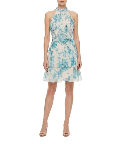 Moda Tara Chiffon Halter Neck Sleeveless Ruffle Bodice Floral Print Dress