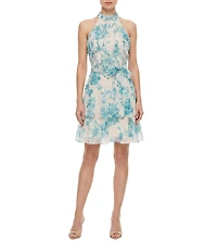 Moda Tara Chiffon Halter Neck Sleeveless Ruffle Bodice Floral Print Dress