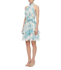 Moda Tara Chiffon Halter Neck Sleeveless Ruffle Bodice Floral Print Dress