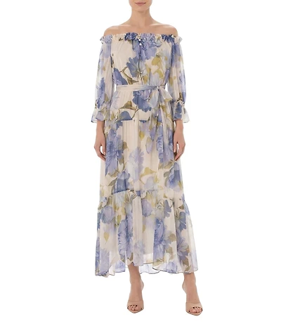 Moda Tara Chiffon Off The Shoulder 3/4 Sleeve Floral Print Tiered Long Dress