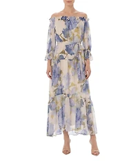 Moda Tara Chiffon Off The Shoulder 3/4 Sleeve Floral Print Tiered Long Dress