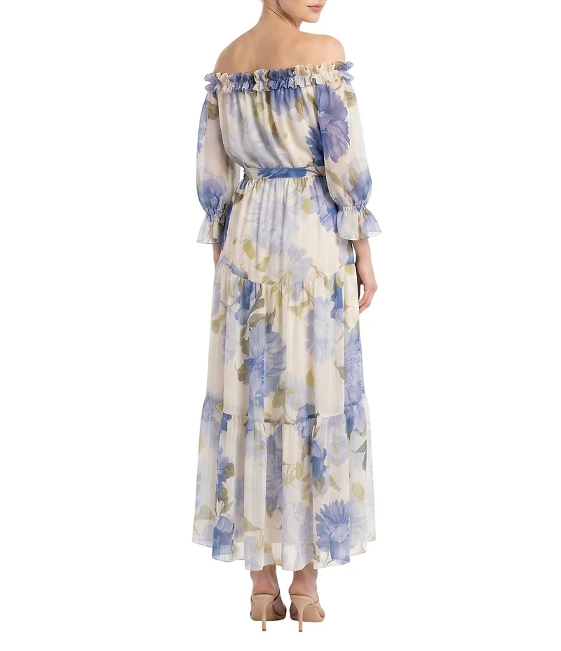 Moda Tara Chiffon Off The Shoulder 3/4 Sleeve Floral Print Tiered Long Dress