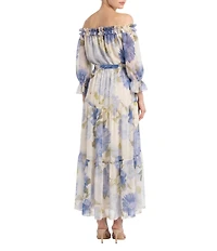 Moda Tara Chiffon Off The Shoulder 3/4 Sleeve Floral Print Tiered Long Dress