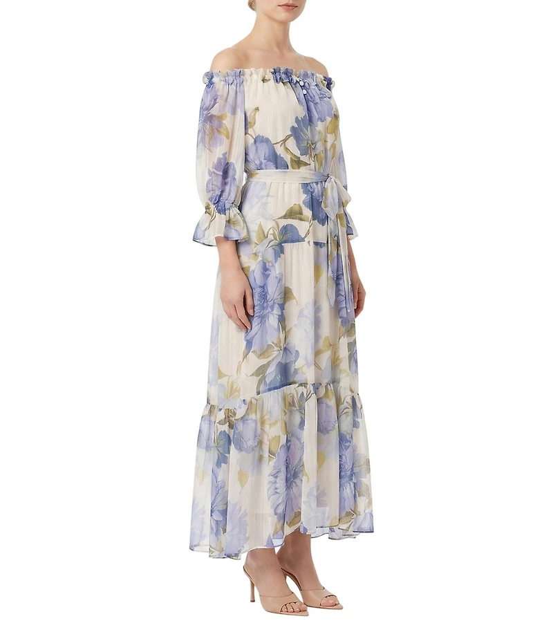 Moda Tara Chiffon Off The Shoulder 3/4 Sleeve Floral Print Tiered Long Dress