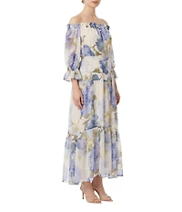 Moda Tara Chiffon Off The Shoulder 3/4 Sleeve Floral Print Tiered Long Dress