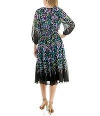 Moda Tara Chiffon V-Neck 3/4 Sleeve Floral Printed Midi Dress