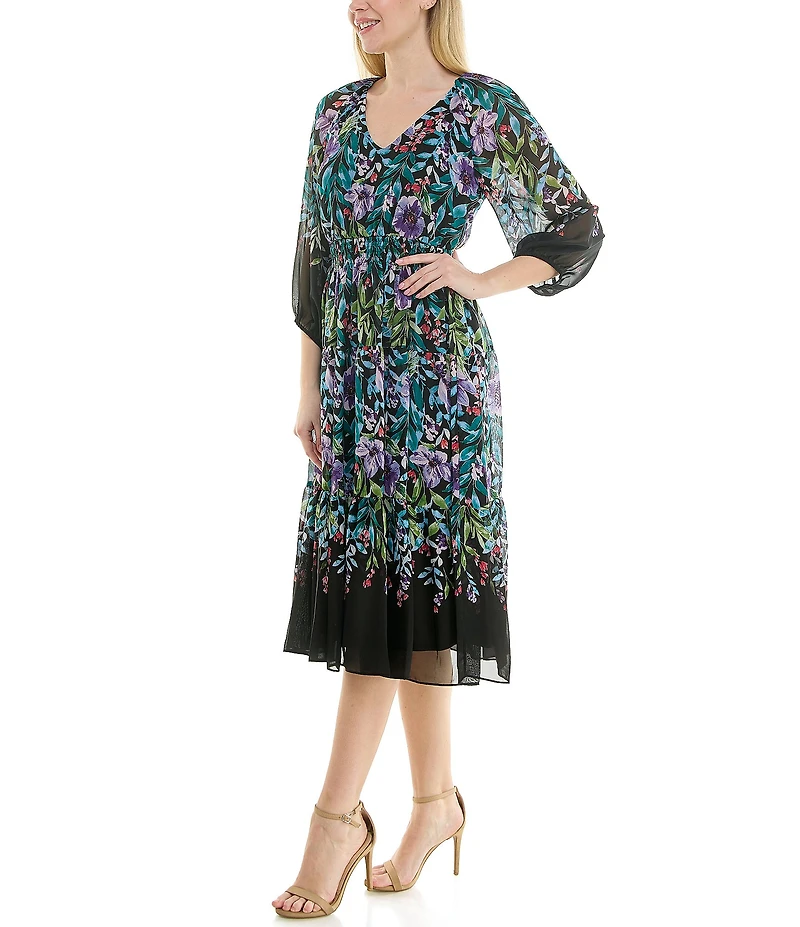 Moda Tara Chiffon V-Neck 3/4 Sleeve Floral Printed Midi Dress