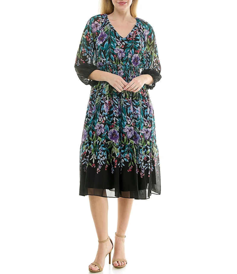 Moda Tara Chiffon V-Neck 3/4 Sleeve Floral Printed Midi Dress