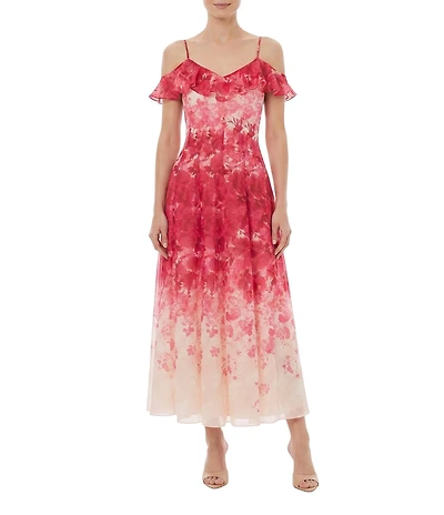 Moda Tara Cold Shoulder Crinkle Voile Floral Print A-Line Midi Dress