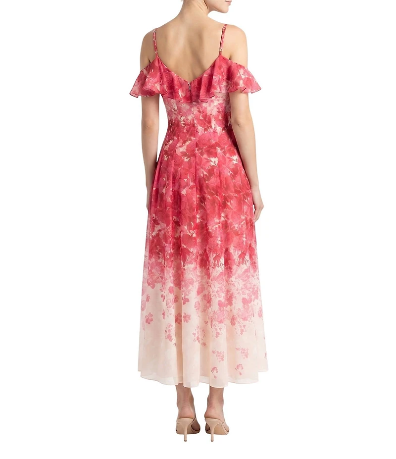 Moda Tara Cold Shoulder Crinkle Voile Floral Print A-Line Midi Dress