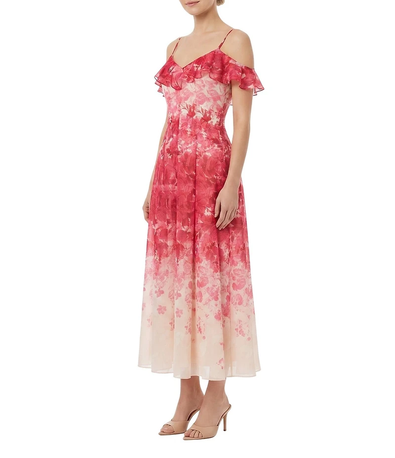 Moda Tara Cold Shoulder Crinkle Voile Floral Print A-Line Midi Dress