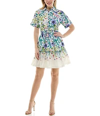 Moda Tara Cotton Floral Print Button Front Collar Tiered Shirt Dress